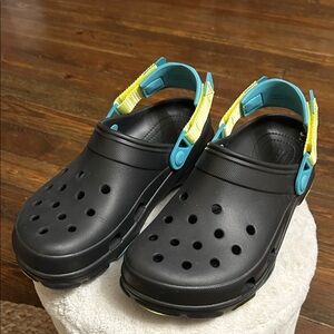CROCS Black and Teal Mules with Yellow Straps